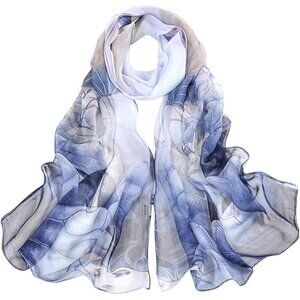 Women's Blue Fashion Lightweight Head Scarf Floral Print Chiffon Scarves